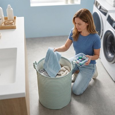 Panier à linge bleu rayé femme qui trie le linge 