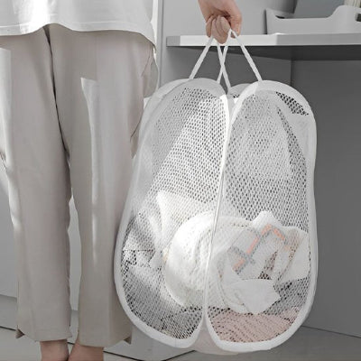 panier à linge de rangement blanc filet