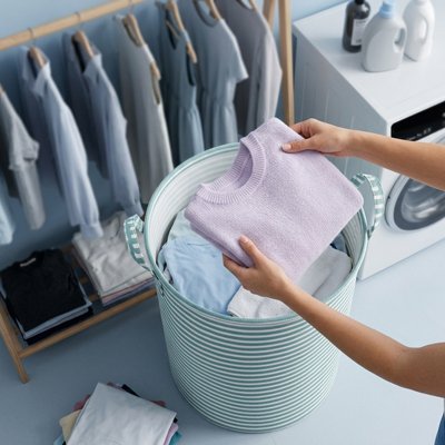Panier à linge design rond bleu rayé en tissu non tissé