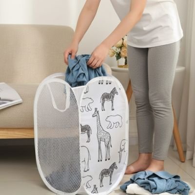 Panier à linge en filet très fin et solide, pliable, motif girafe, blanc
