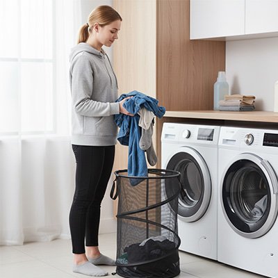 Panier à linge en maille très fine, format cylindre noir, pliable