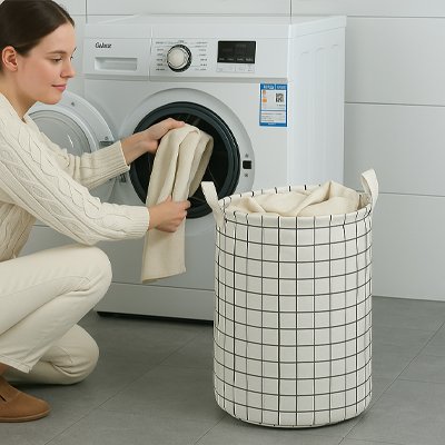 Panier à linge étanche pliable pour vêtements sales, seau de rangement quadrillé ton blanc