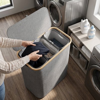 Panier à linge gris à 3 compartiments ouvert dans une buanderie 