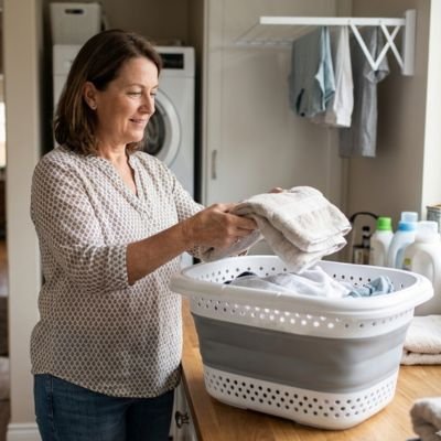 Panier à linge gris et blanc, plastique, pliable, et robuste