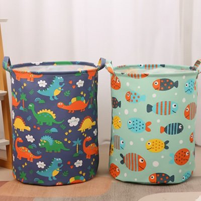 Panier à linge imprimé pliable en coton et lin pour enfant motif dinosaure ou poissons
