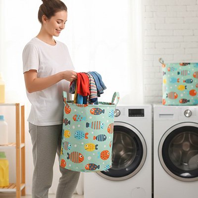 Panier à linge imprimé poissons pliable en coton et lin pour enfant