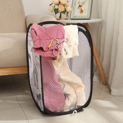 Panier à linge noir  en filet très fin et solide, pliable, motif girafe 