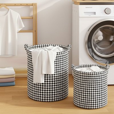 Panier à linge noir et blanc pied-de-poule, rangement moderne en tissu avec poignée, polyvalent, pliable