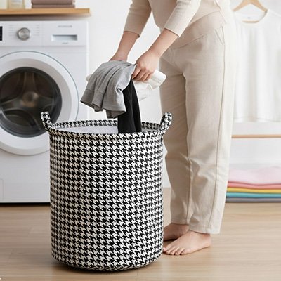 Panier a linge noir et blanc pliable pied-de-poule, rangement moderne en tissu avec poignée, polyvalent