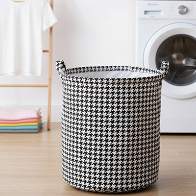 Panier à linge pied-de-poule, rangement moderne en tissu avec poignée, noir et blanc polyvalent, pliable