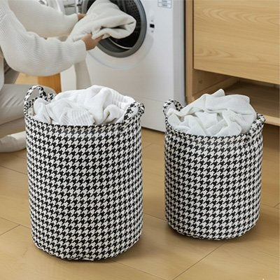 Panier à linge pied-de-poule, rangement moderne en tissu avec poignée, polyvalent, pliable noir et blanc