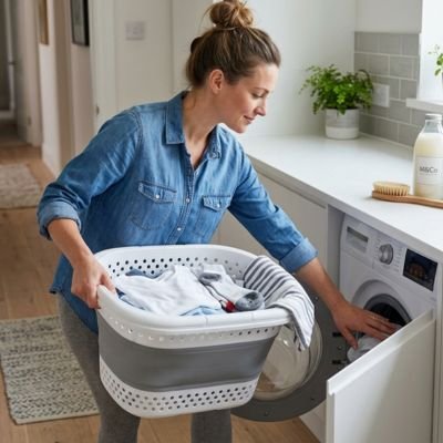 Panier à linge plastique, pliable, blanc et gris avec anse 