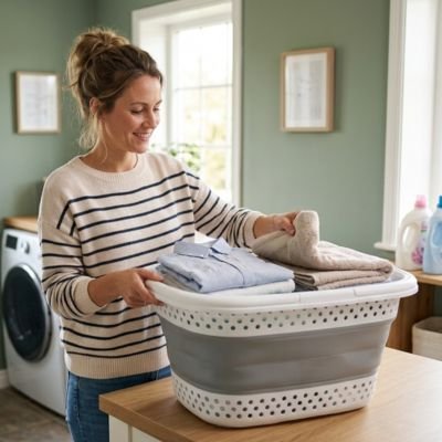 Panier à linge plastique pliable gris et blanc robuste
