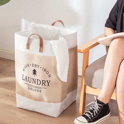 Panier à linge pliable beige blanc cassé avec anse simili cuir 