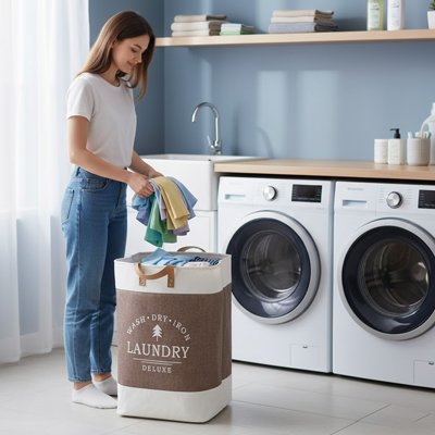 Panier à linge pliable bicolore marron blanc, moderne posé devant une femme 