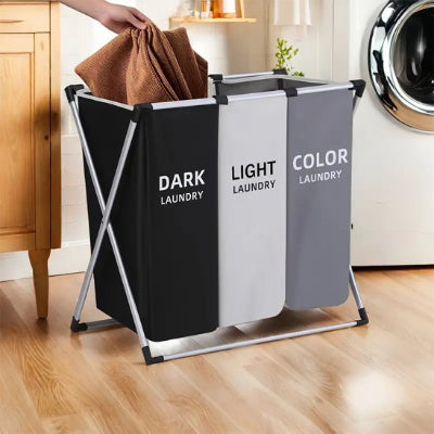 Panier a linge pliable compartimenté en trois sacs trois couleurs de tri 