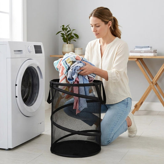 Panier à linge pliable cylindrique noir en maille léger et portable