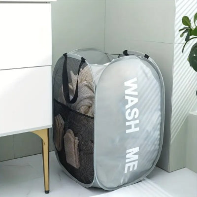 Panier à linge pliable en filet gris, léger, gain de place