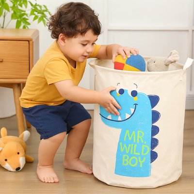 Panier à linge pliable grand panier en toile de dessin animé motif tête dino bleu