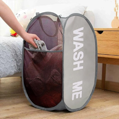 Panier à linge pliable gris, filet léger, gain de place