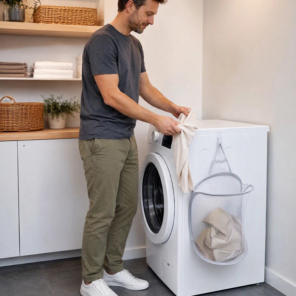Panier à linge pliable gris moderne discret à suspendre