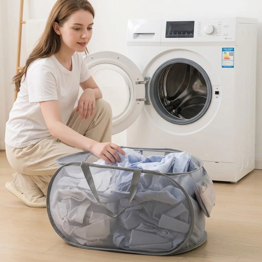 Panier à linge pliable gris rectangle, en filet léger et portable
