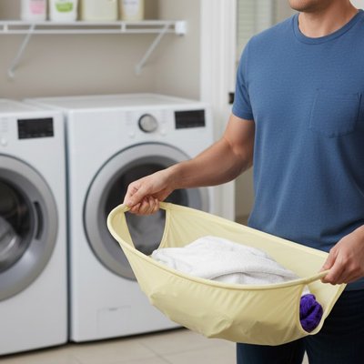 Panier à linge pliable jaune avec poignées latérale, souple et léger, hamac