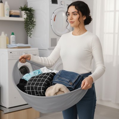 Panier à linge pliable léger , fin , gris en forme de hamac 