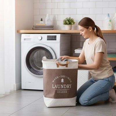 Panier à linge pliable marron blanc cassé, posé dans la buanderie 