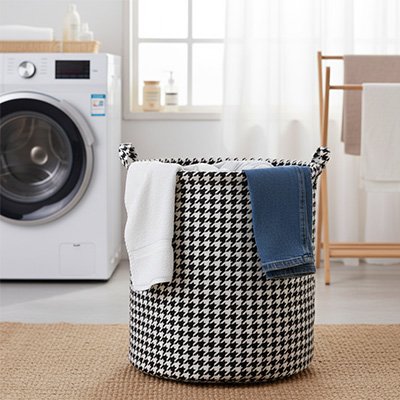 Panier a linge pliable noir et blanc pliable pied-de-poule, rangement moderne en tissu avec poignée, polyvalent
