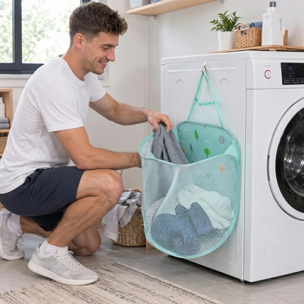 Panier à linge pliable pop-up pratique et compact bleu suspendu