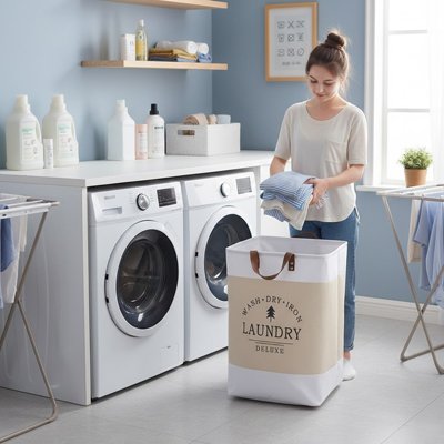 Panier à linge pliable posé dans une buanderie 