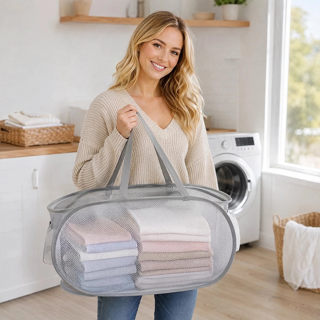 Panier à linge pliable robuste léger adapté pour le tri du linge gris clair