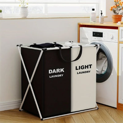 Panier a linge pliable sur pied croisés, noir et blanc