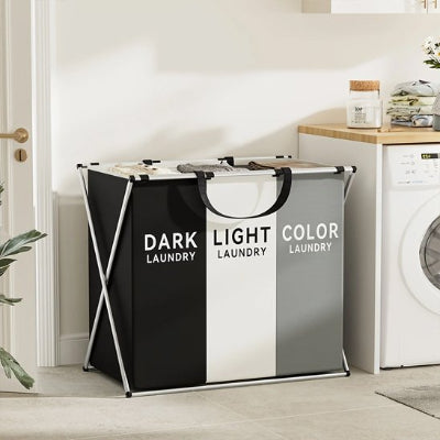 Panier a linge pliable trois sections de tri tricolore sur pieds croisés