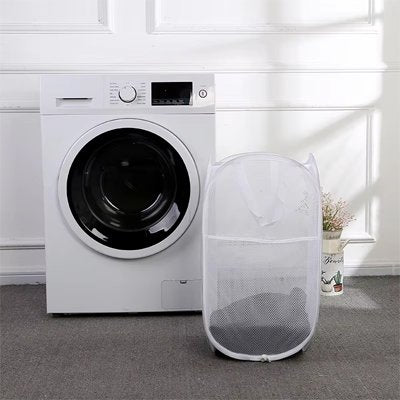Panier à linge sale blanc, filet pliable en rond, portable