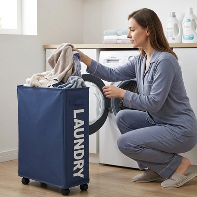 Panier à linge sale bleu foncé, pour espace étroit, fin et haut avec roulettes