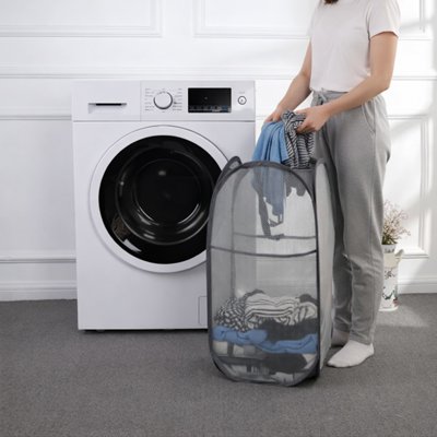 Panier à linge sale en filet rectangulaire gris et pliable en rond