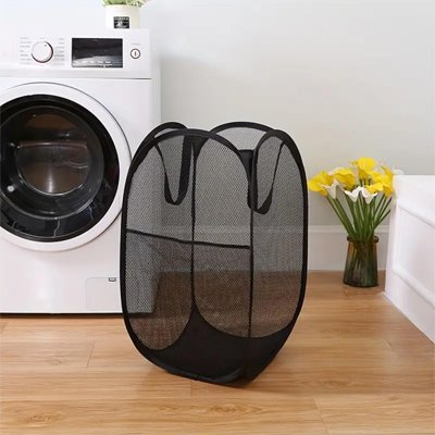 Panier à linge sale noir, pliable en rond, filet portable