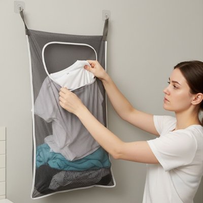 Panier à linge sale rectangle suspendu au-dessus de la porte gris 