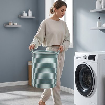 Panier à linges sales pliable cylindrique motif rayures 
