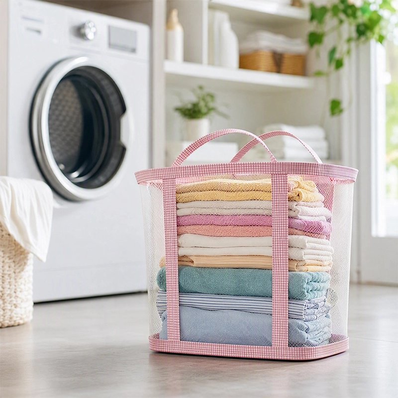 Panier à linges sales rose très chic transparent avec grande poignée 