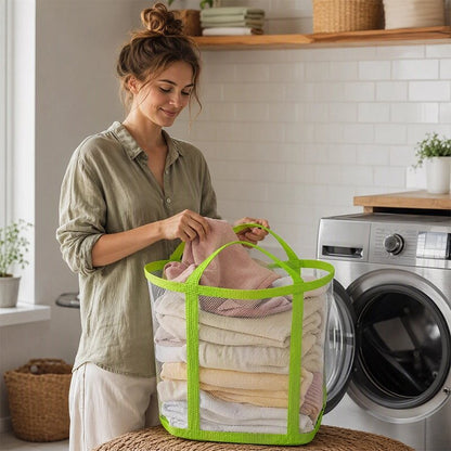 Panier à linges sales très chic transparent avec grande poignée lanières jaunes pâles 