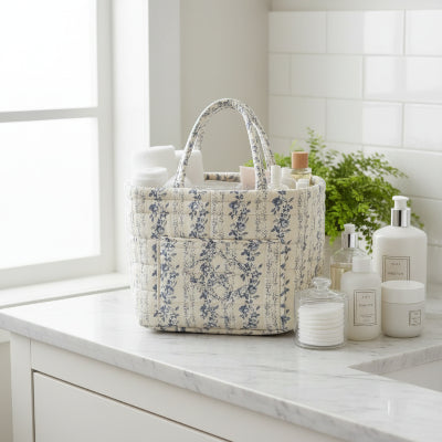 Panier de rangement à motif floral avec poignée, pliable et matelassé, bleu et blanc