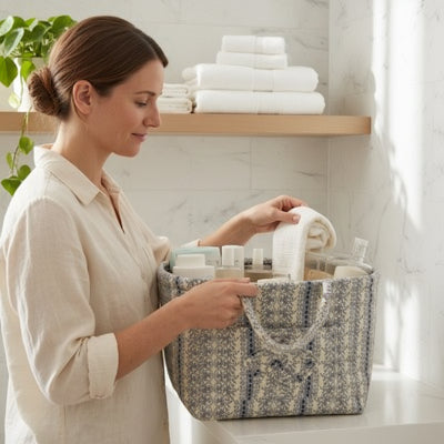 Panier de rangement à motif floral avec poignée, pliable et matelassé, grand format