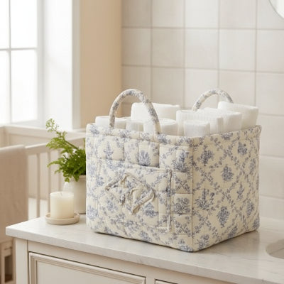 Panier de rangement à motif floral bleu avec poignée, pliable et matelassé, grande poignée