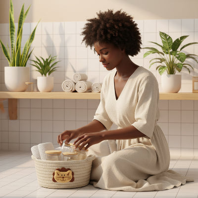 Panier de rangement beige, grand format en coton tissé, motif tête de lion