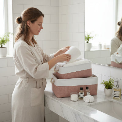 Panier de rangement bicolore kaki blanc, en lin avec poignée latérale, pliable