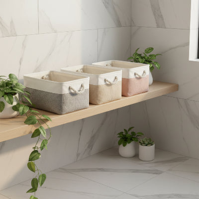 Panier de rangement bicolore, rectangle, en lin avec poignée latérale, pliable