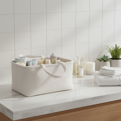 Panier de rangement blanc avec compartiments et poignée, molletonné, style polaire